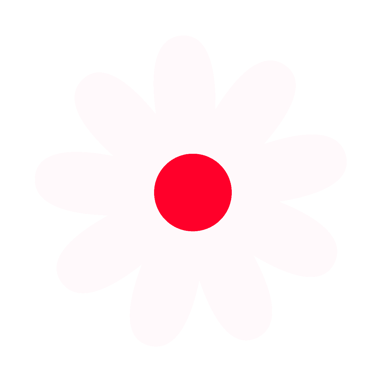 white flower graphic with red centre